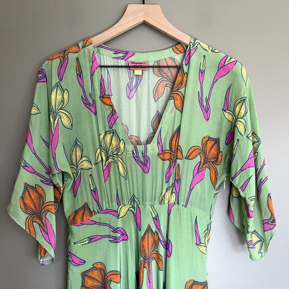 Anthropologie‎ Raina Kimono Dress Size 4 Midi Green Pink Floral Flowy Chic - Picture 10 of 16